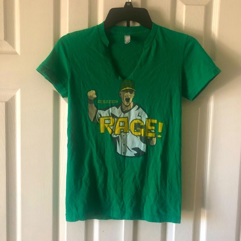 6/$20 American Apparel green Opening Day Designs Rage baseball t-shirt size S
